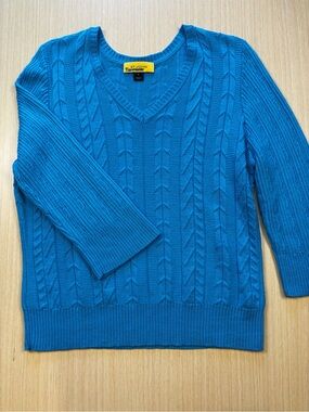 St. John Turquoise Cable Knit Sweater V-Neck 3/4 Sleeve Sz XL